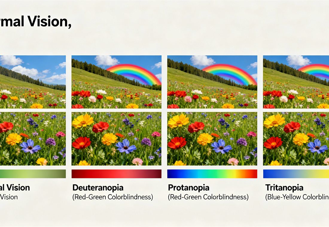 The same meadow scene as seen with normal vision, deuteranopia, protanopia and tritanopia